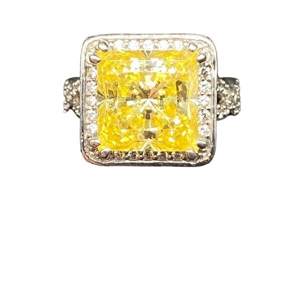Sterling silver 925 Canary diamond princess cut CZ halo style high profile wrapp - Picture 2 of 16